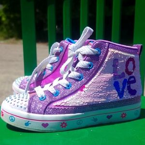 Skechers Girls Lilac "Love" Sequin High Top Sneakers Size 2.5 kids. Pre-owned